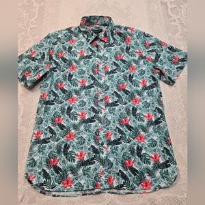 Pronto Uomo Green and Red Hawaian Floral Casual Shirt Sz Medium 100% Cotton